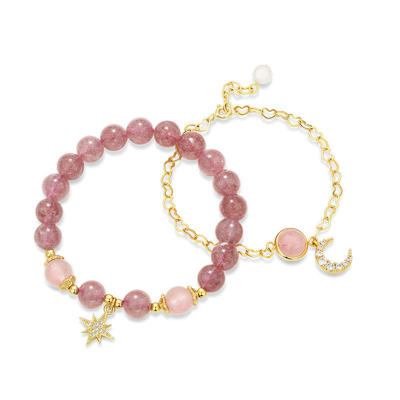 Strawberry Quartz Rose Quartz Crystal Moon and Star Love Fairy Style Bracelet