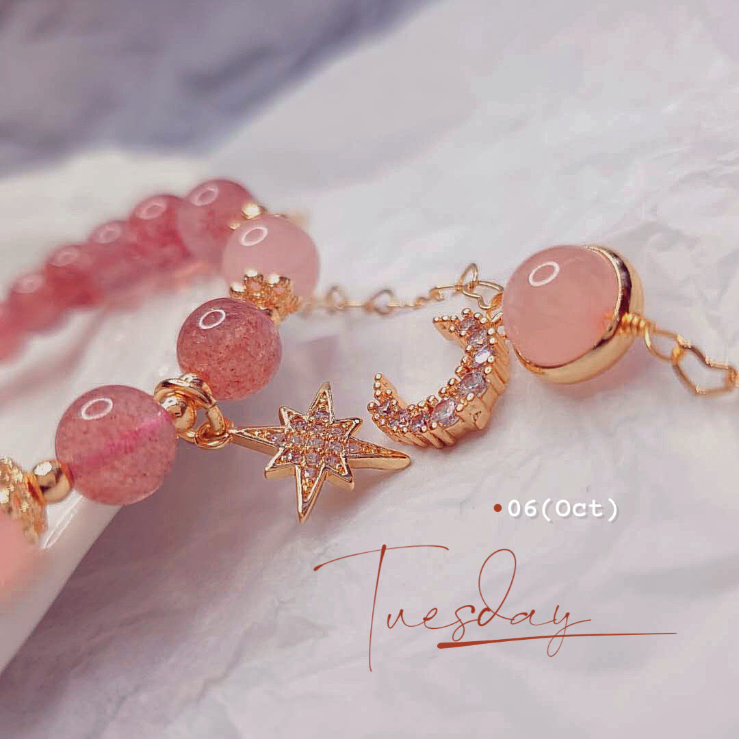 Strawberry Quartz Rose Quartz Crystal Moon and Star Love Fairy Style Bracelet