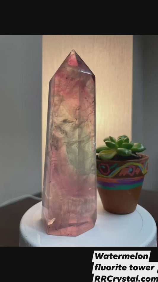 Watermelon fluorite tower SUPER CLARITY RARE thousands of layers phamton