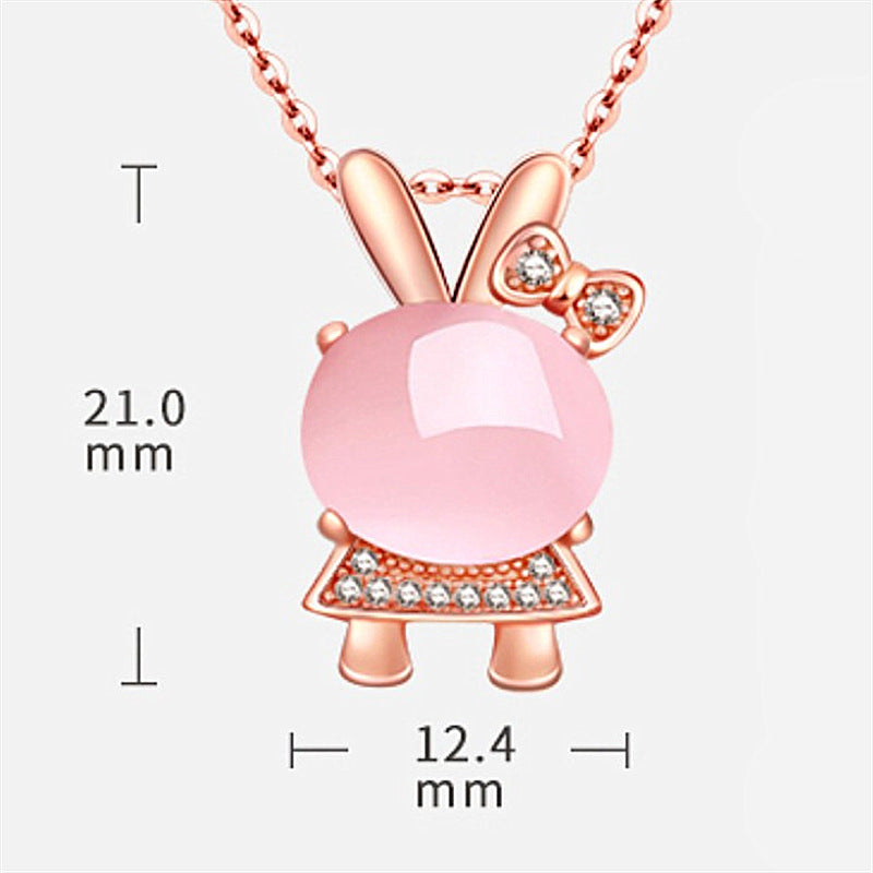 Rose Quartz Easter Bunny S925 Rose Gold Rabbit Crystal Pendant Necklace Set