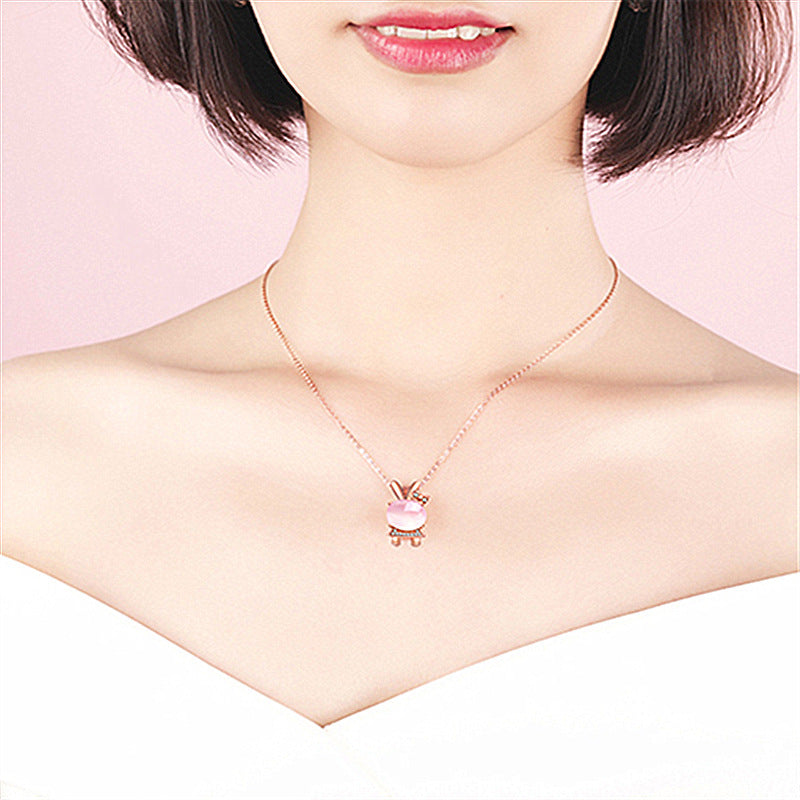 Rose Quartz Easter Bunny S925 Rose Gold Rabbit Crystal Pendant Necklace Set