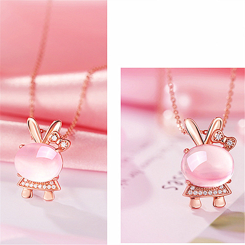 Rose Quartz Easter Bunny S925 Rose Gold Rabbit Crystal Pendant Necklace Set