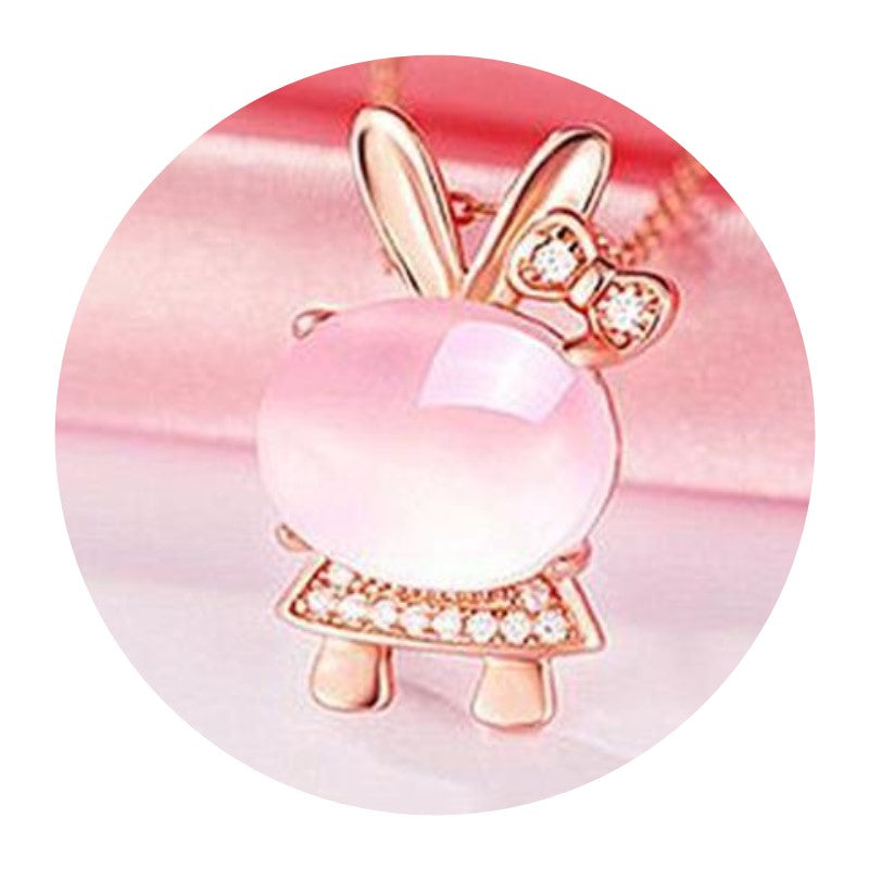 Rose Quartz Easter Bunny S925 Rose Gold Rabbit Crystal Pendant Necklace Set