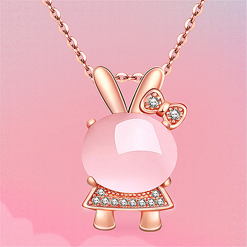 Rose Quartz Easter Bunny S925 Rose Gold Rabbit Crystal Pendant Necklace Set