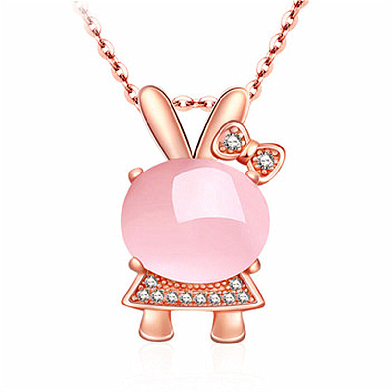 Rose Quartz Easter Bunny S925 Rose Gold Rabbit Crystal Pendant Necklace Set