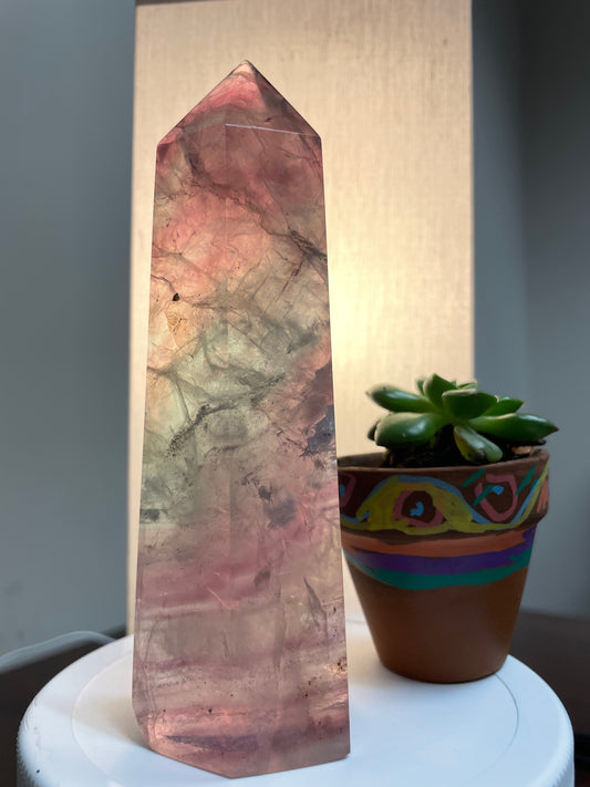 Watermelon fluorite tower SUPER CLARITY RARE thousands of layers phamton