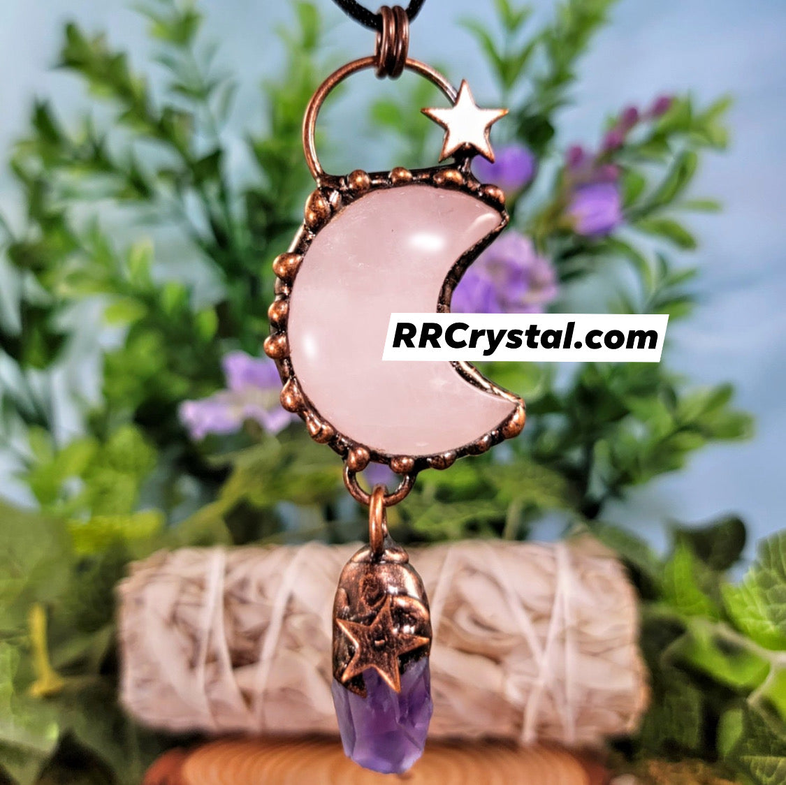 Rose quartz amethyst Moon Star pendulum pendant necklace