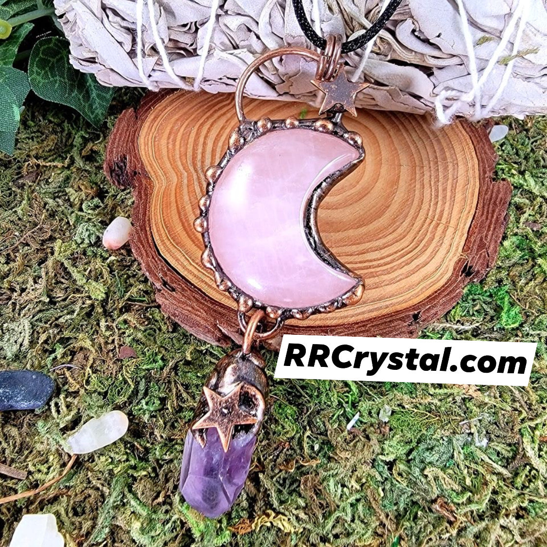 Rose quartz amethyst Moon Star pendulum pendant necklace