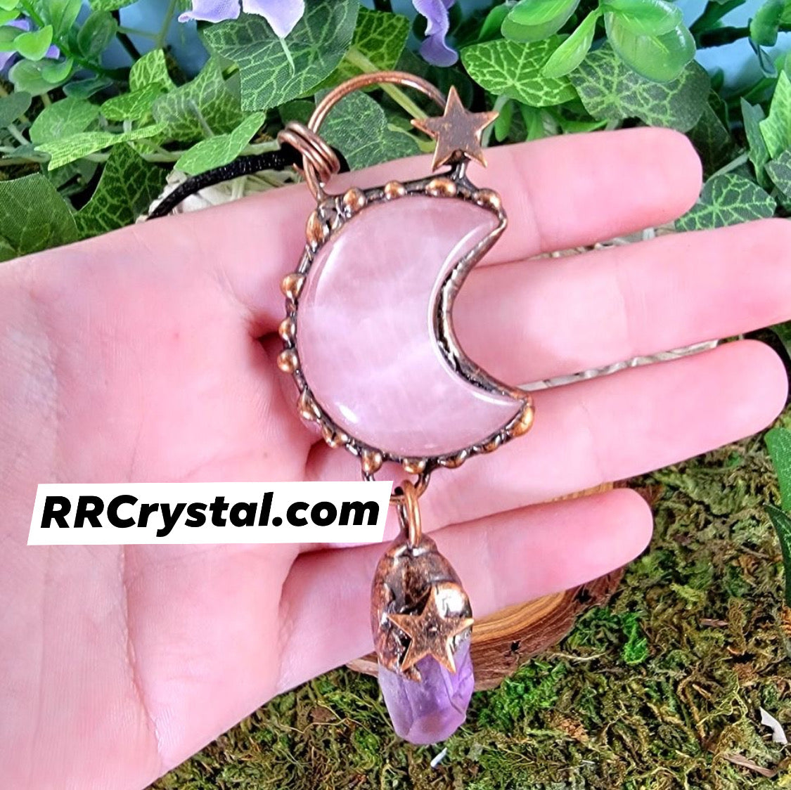 Rose quartz amethyst Moon Star pendulum pendant necklace