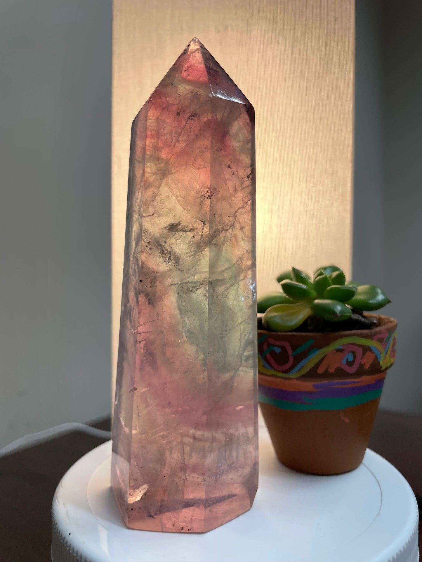 Watermelon fluorite tower SUPER CLARITY RARE thousands of layers phamton