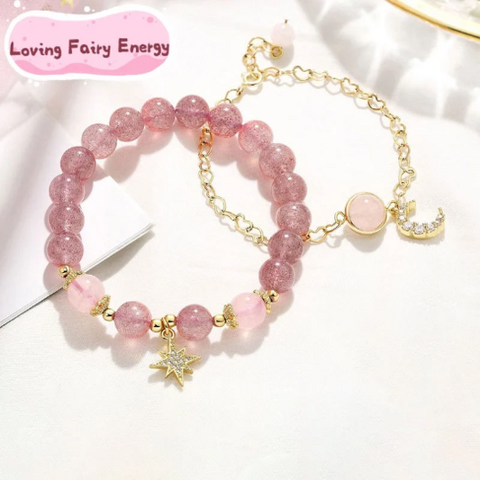 Strawberry Quartz Rose Quartz Crystal Moon and Star Love Fairy Style Bracelet