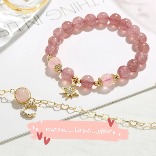 Strawberry Quartz Rose Quartz Crystal Moon and Star Love Fairy Style Bracelet