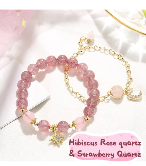 Strawberry Quartz Rose Quartz Crystal Moon and Star Love Fairy Style Bracelet