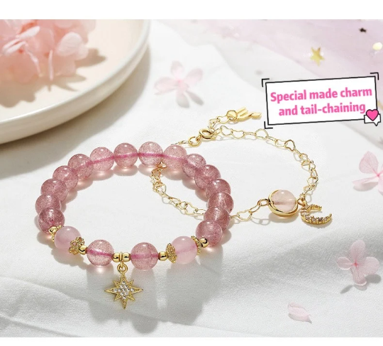 Strawberry Quartz Rose Quartz Crystal Moon and Star Love Fairy Style Bracelet