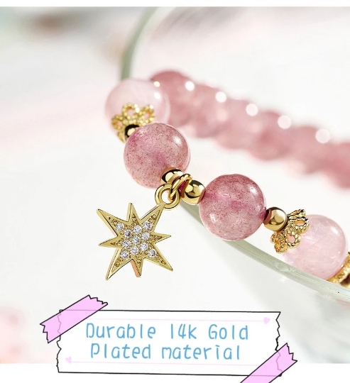 Strawberry Quartz Rose Quartz Crystal Moon and Star Love Fairy Style Bracelet