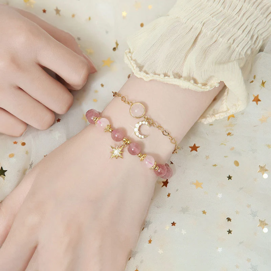 Strawberry Quartz Rose Quartz Crystal Moon and Star Love Fairy Style Bracelet